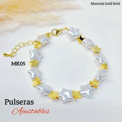 pulsera perla con balin ajustable oro chino 