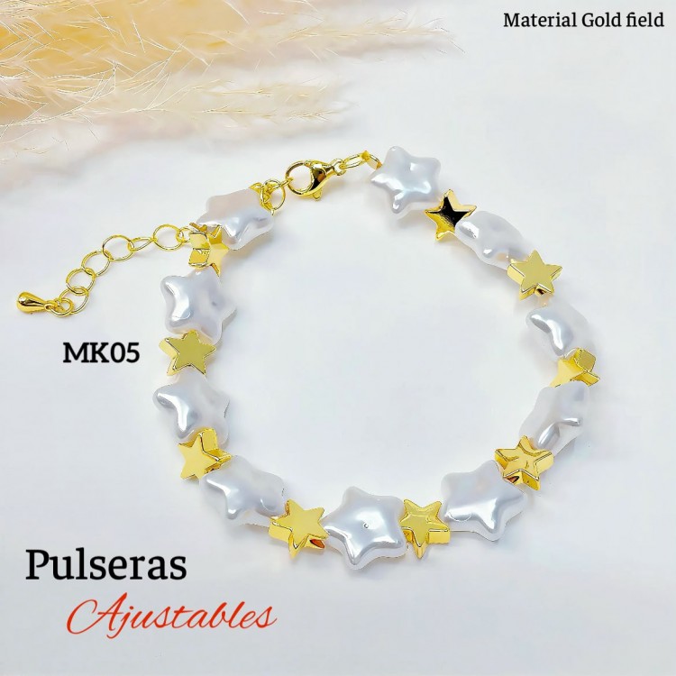 pulsera perla con balin ajustable oro chino 