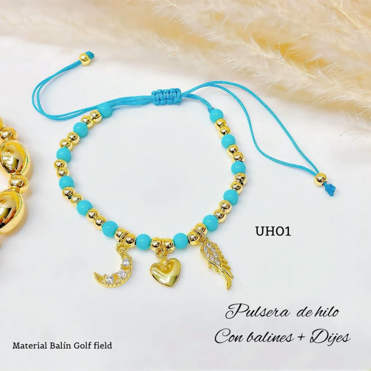 #uh pulsera balin colores con tres dije oro chino 