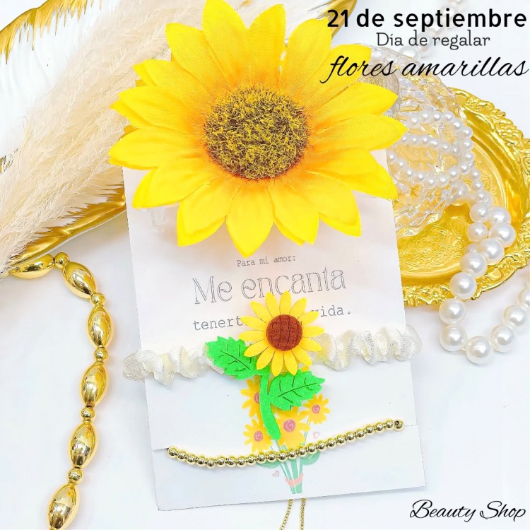#1 Set dia flor amarilla incluye la pinza pulsera y cola con su tarjeta 