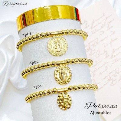 #01 xp pulsera balin ajustable con dije religiosa oro chino