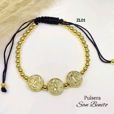 #01 pulsera balin con 3 dije religiosa oro chino