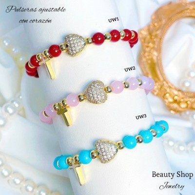 pulsera ajustable con dije corazon y cruz 