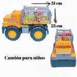 juguete camion con dinosaurio color naranja y verde