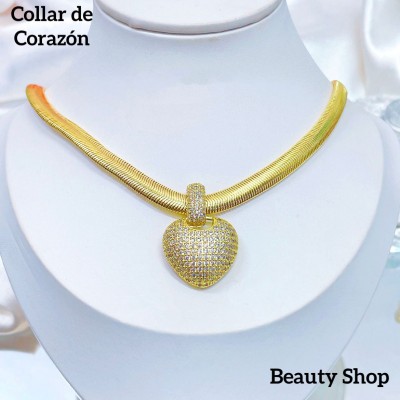 collar con dije corazon full piedra elegante oro chino
