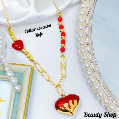 #t cadena corazon rojo oro chino （&15）