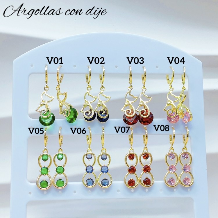 #V Zarcillos larga color circón  oro chino ((&5.5)