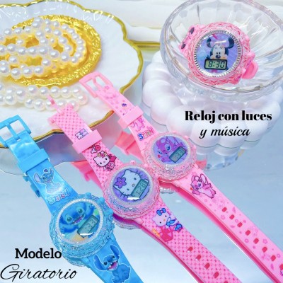 #000 Reloj para niñas y niños giratorios con luces y música 