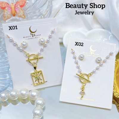 Juego perla cadena con zarcillos oro chino (&9)