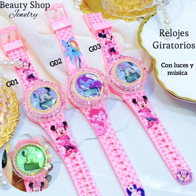 #000 Reloj para niñas y niños giratorios con luces y música 