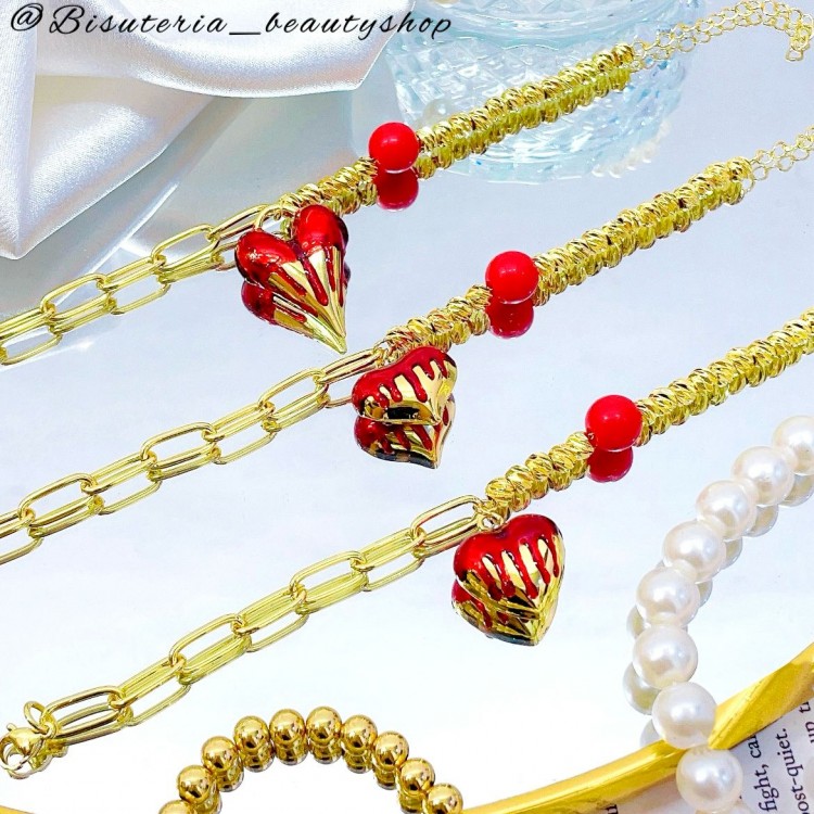 pulsera eslabon con dije corazon rojo (&14）