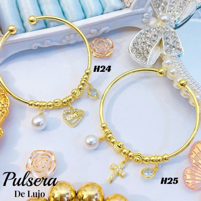 #H Pulseras Rígidas Con Dijes Oro Chino 16&