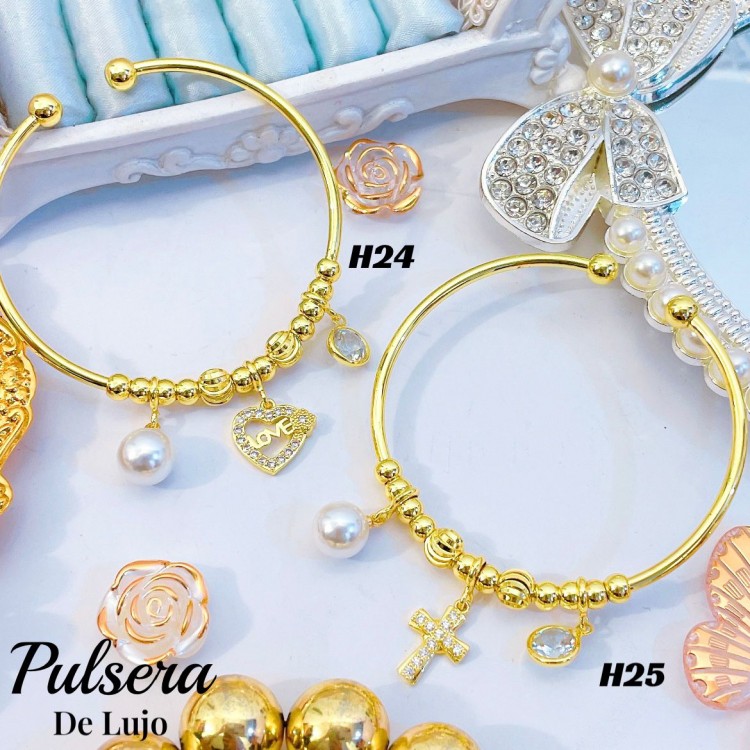#H Pulseras Rígidas Con Dijes Oro Chino 16&
