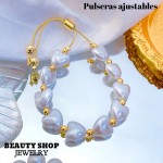 pulsera perla con balin ajustable oro chino