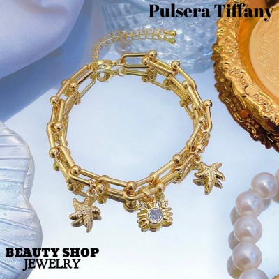 pulsera triple dije oro chino 18k
