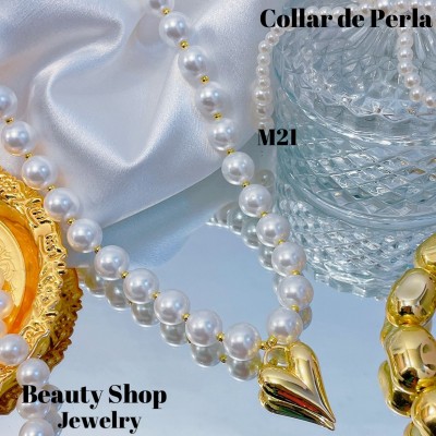 #m cadena perla con dije corazon oro chino