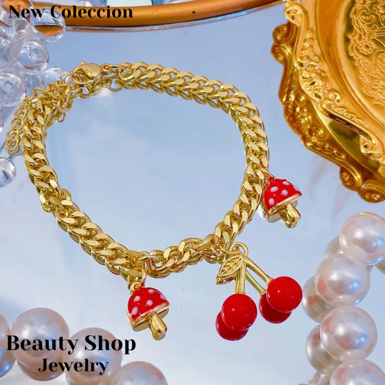 pulsera eslabon con dije cereza 