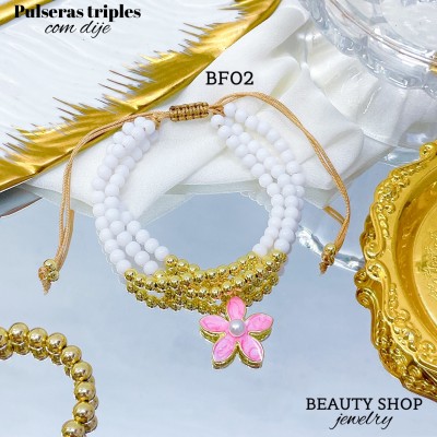 #Bf pulsera triple con dije de flor 14&(2.48*)