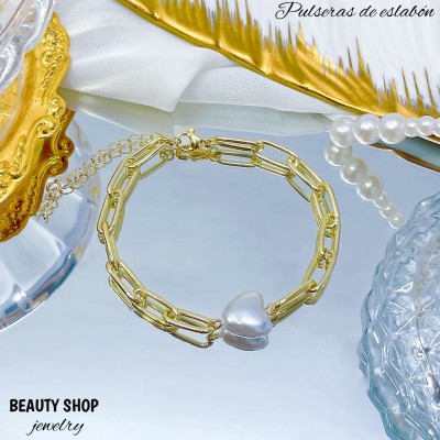 pulsera eslabon con perlas oro chino 