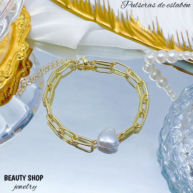 pulsera eslabon con perlas oro chino 