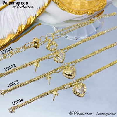 pulsera eslabon con doble dije oro chino