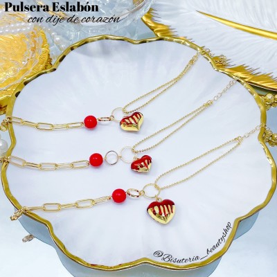 pulsera eslabon con dije corazon rojo 