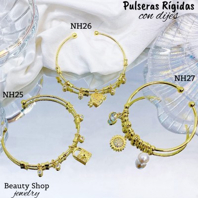 #H Pulseras Rígidas Con Dijes Oro Chino 16&