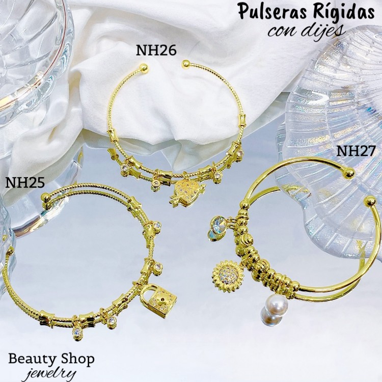 #H Pulseras Rígidas Con Dijes Oro Chino 16& #H Pulseras Rígidas Con Dijes Oro Chino 16&