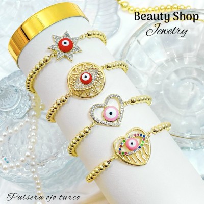 Pulsera balín con dije piedras ajustable oro chino (&12)