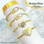 Pulsera balín con dije piedras ajustable oro chino (&12）