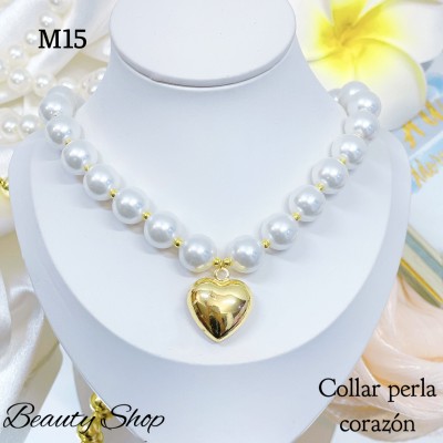 #m cadena perla con dije corazon oro chino （12.2&）