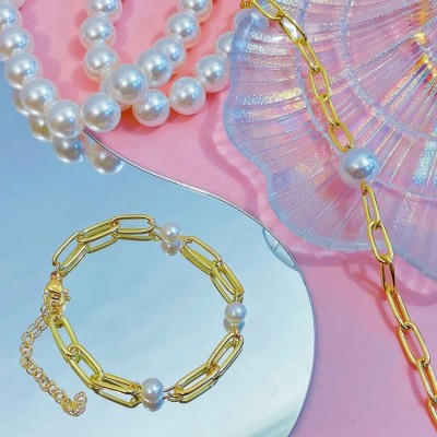 pulsera eslabon con perlas oro chino  7.5&