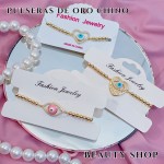 Pulsera balín con dije piedras ajustable oro chino (&12）