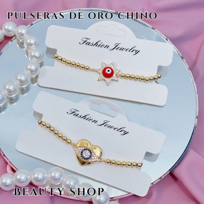 Pulsera balín con dije piedras ajustable oro chino (&12）