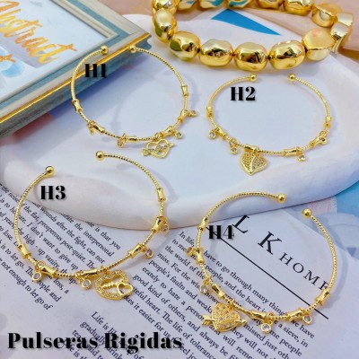 #H Pulseras Rígidas Con Dijes Oro Chino 16&