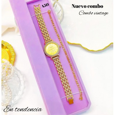 Combo reloj y pulsera rodio incluye la caja rosada
